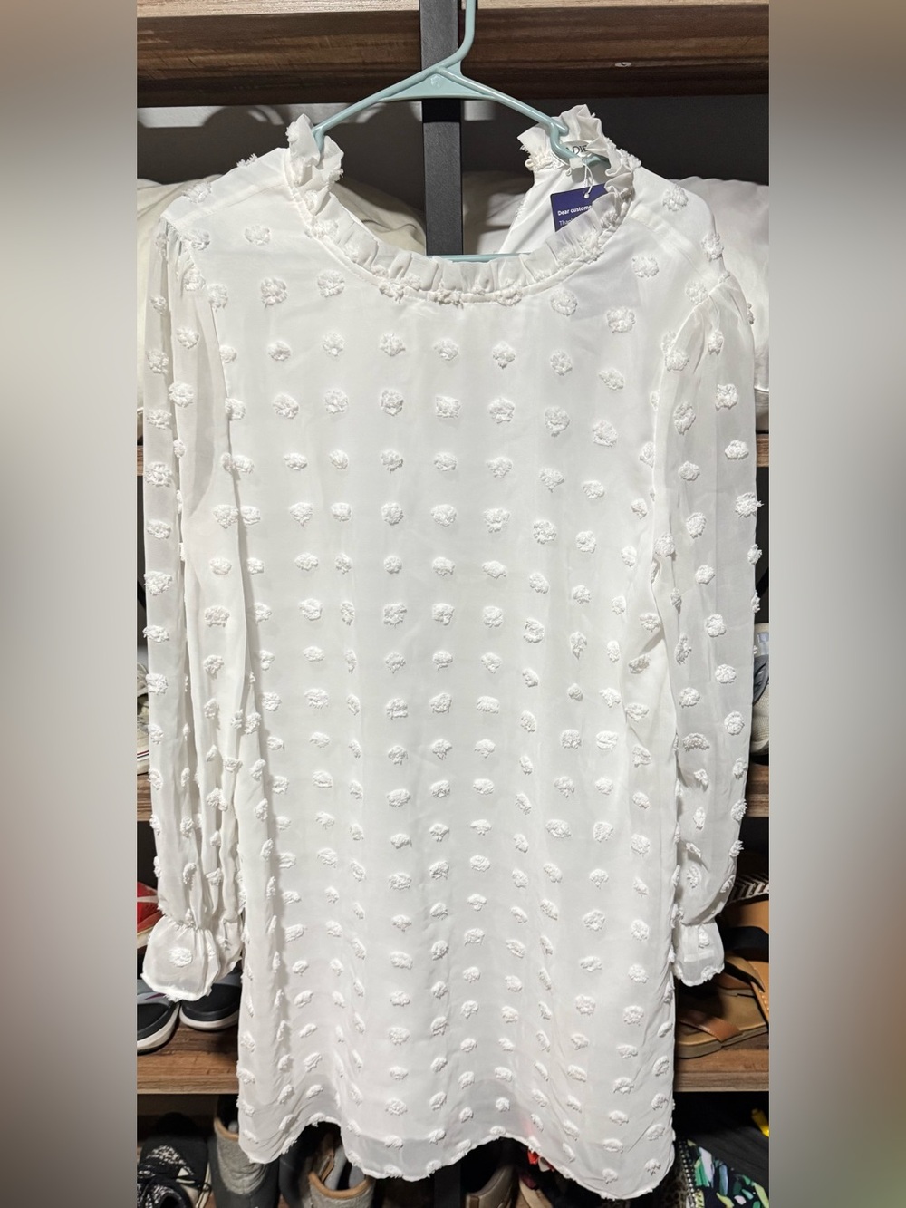Elegant White Long-Sleeve Swiss Dot Ruffle-Neck Dress